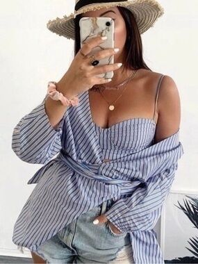 Zara Striped Wrap Shirt + Bralette Set